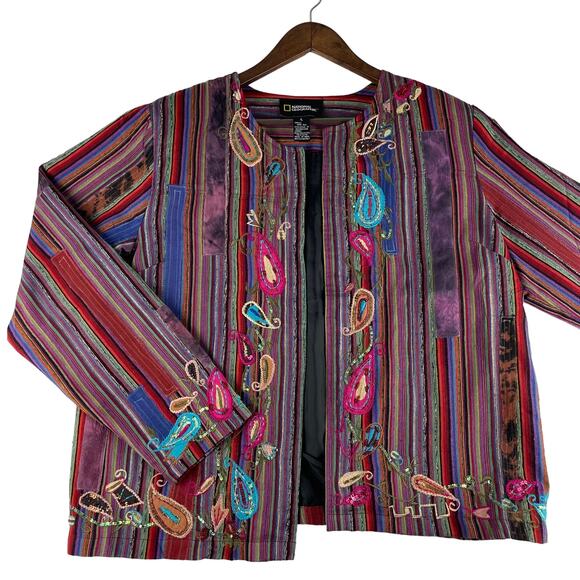 National Geographic Purple Patchwork Open Front Silk Boho Blazer Sz Lg - Picture 1 of 8